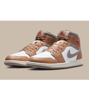 Nike Air Jordan 1 Mid Hemp Rattan White Grey Red DQ8426-200 Men's NEW Size 10